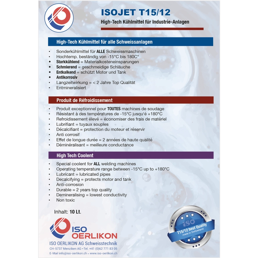 ISOJET T15/12 N Kühlmittel für Schweiss-Schneid- und Laseranlagen 10 Lt -- Ersatzprodukt T15/12S5